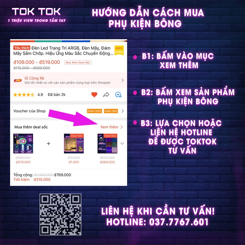 Đèn đám mây, phụ kiện bông làm đèn đám mây, đèn sấm chớp, bông chống bám bụi bẩn đầy đủ phụ kiện.