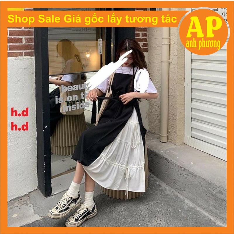 [Mã FAMAYWA2 giảm 10K đơn 50K] Sét Váy 2 dây đi biển buộc eo Vintage Tiểu thư + áo thun trắng phong cách Hàn Quốc | BigBuy360 - bigbuy360.vn