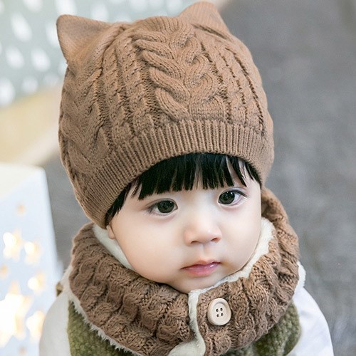 Mũ len tai mèo kèm khăn lót lông 2 lớp dày dặn, giữ ấm cho bé 0-3 tuổi