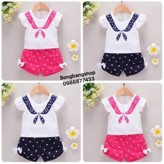 Bộ cộc tay chấm bi nơ cổ cho bé gái 7-18kg