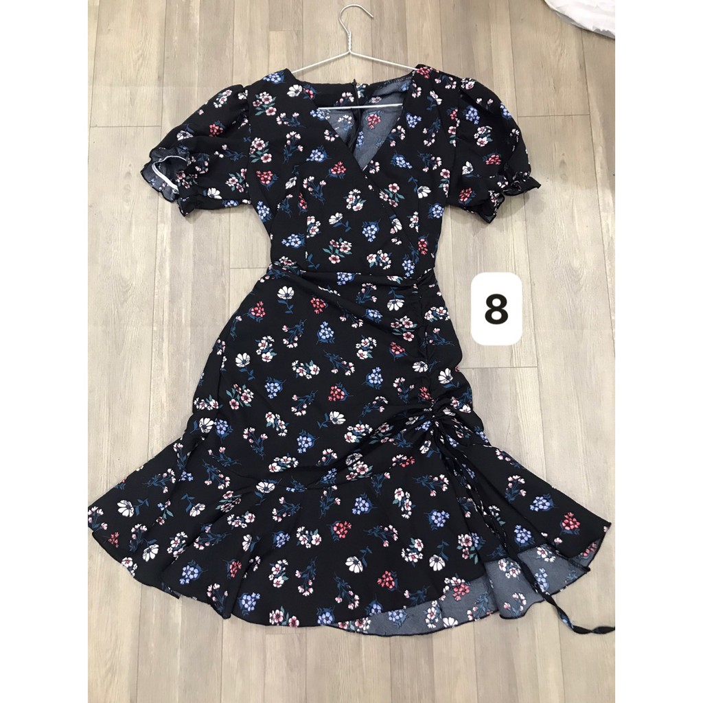 Đầm hoa tay ngắn cổ tim rút dây hông + Ảnh thật