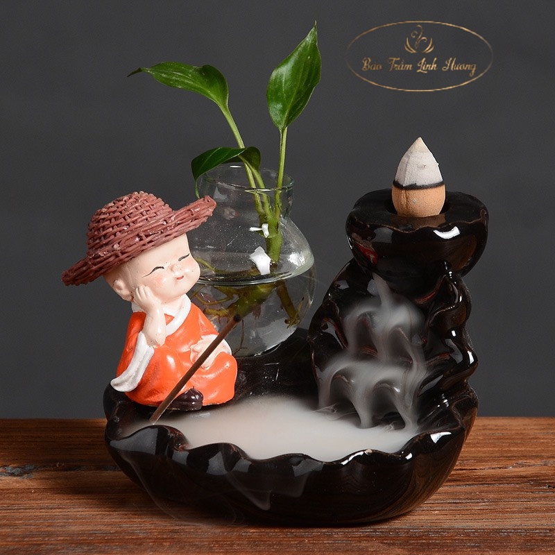 Thác Khói Trầm Hương Kèm Đốt Nhang Không Tăm - Lư Xông Nụ Trầm Chú Tiểu - Đồ Thờ Cúng Phong Thủy Bằng Gốm Cao Cấp