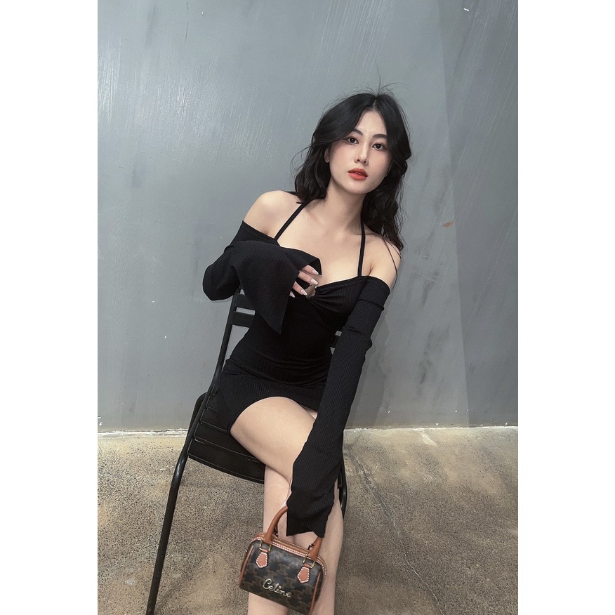 Đầm bẹt vai khoen HHVINTAGE  thun gân co dãn không nhăn