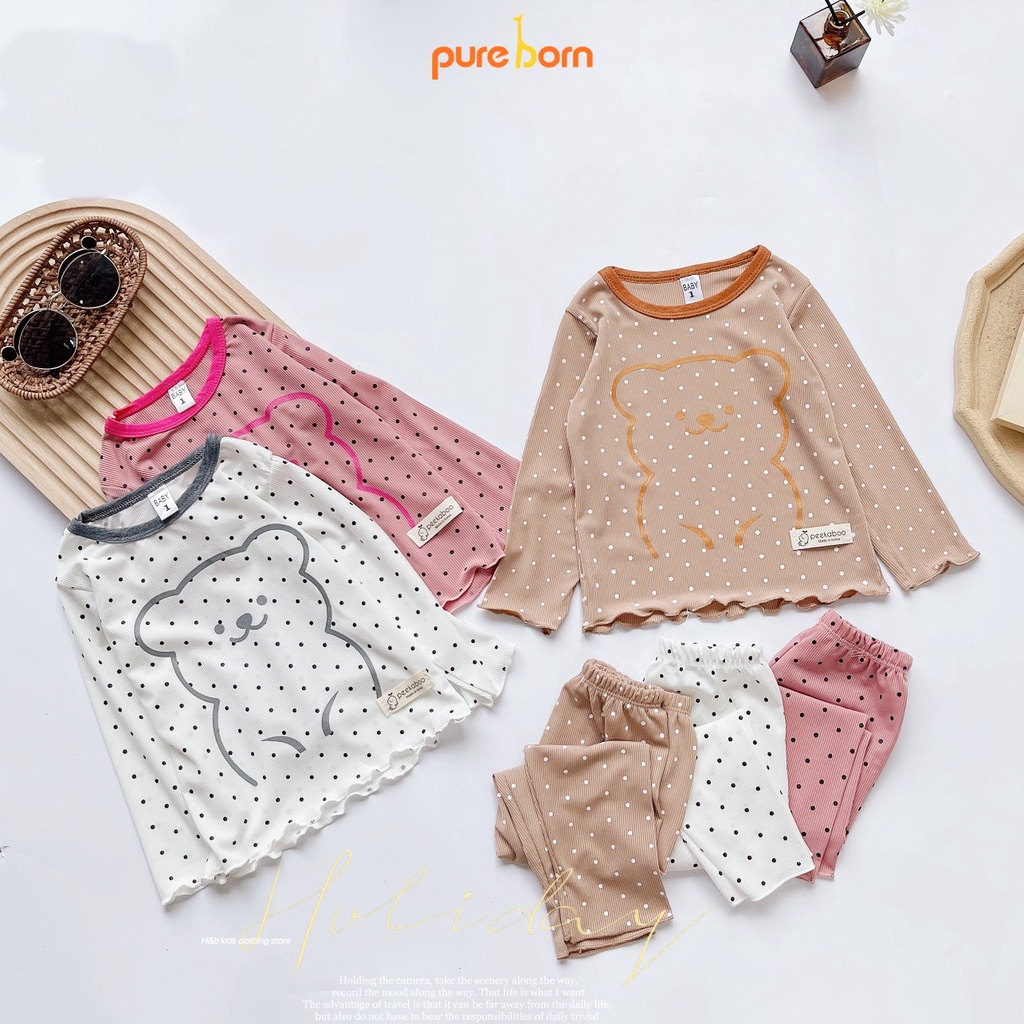 Bộ dài tay bé gái tăm lạnh Mặt hình Gấu chấm bi , bộ thu đông bé gái mềm đẹp dễ thương 8 -20kg Pureborn : T41