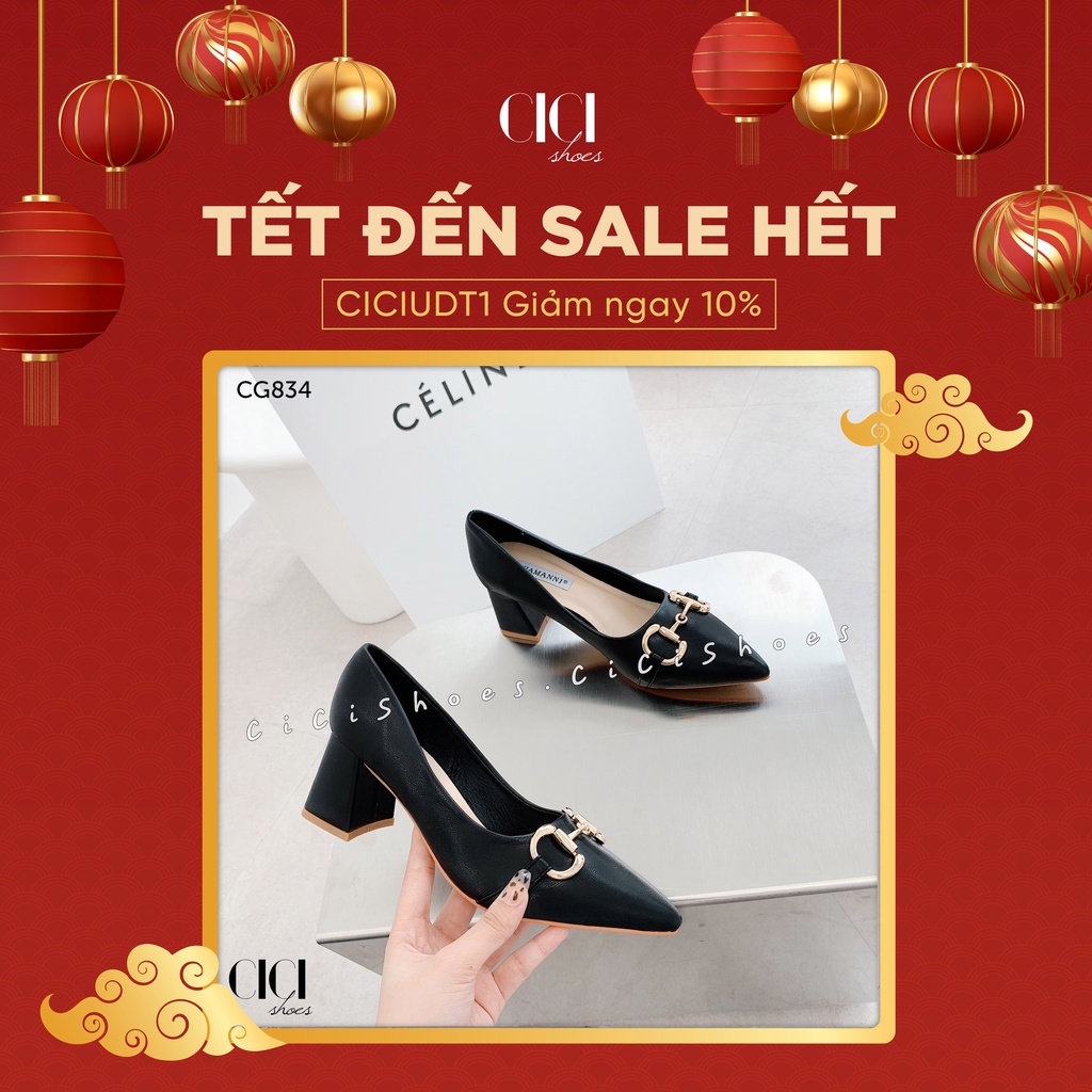 Giày cao gót nữ CiCi Shoes gót vuông 5cm, giầy da lì mũi xích vàng - CG834