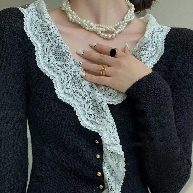 Áo Sweater Dệt Kim Mỏng Tay Dài Phối Ren Phong Cách Pháp Thời Trang Mùa Đông Mới Cho Nữ