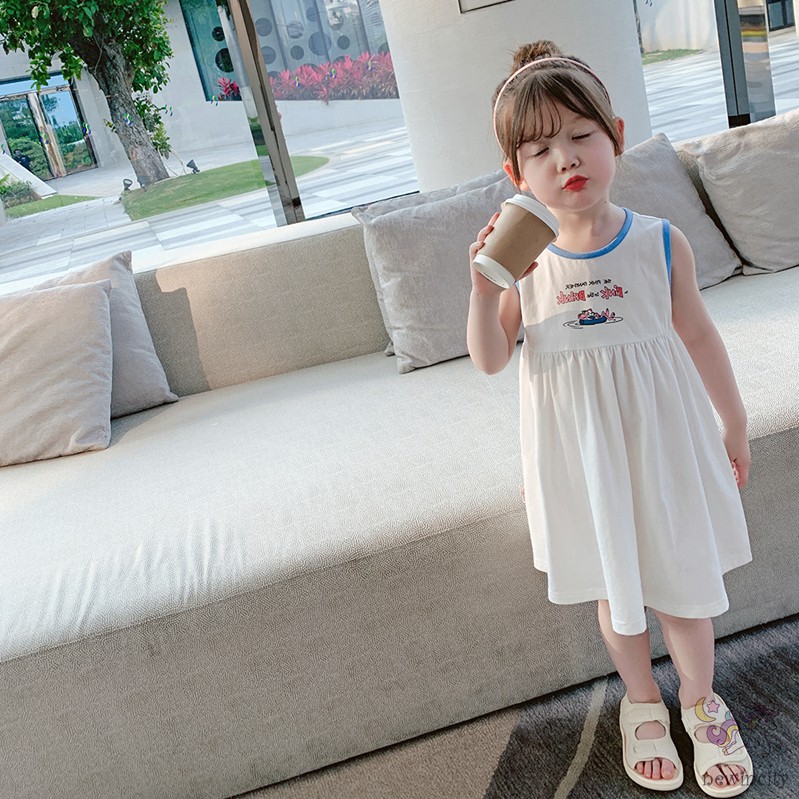 Đầm sát nách in họa tiết hoạt hình phong cách Hàn Quốc thời trang cho bé gái