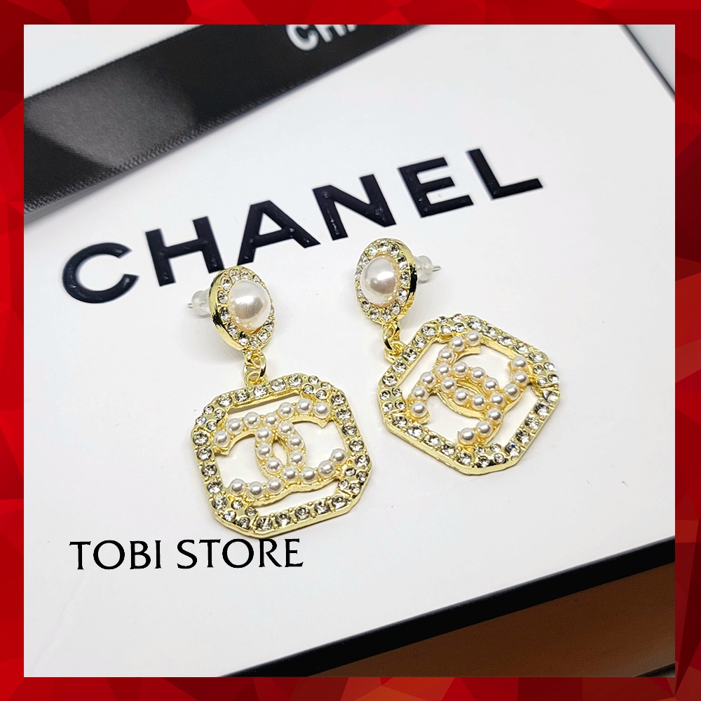 Bông tai nữ thương hiệu CC Cha.nel ngọc trai nhân tạo thả dài sang chảnh TB466