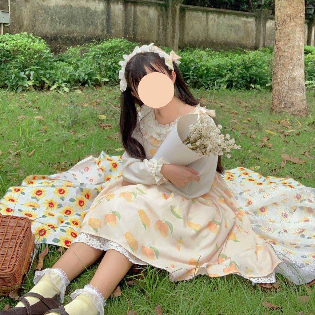 Đầm Lolita Hai Dây Vải Cotton Họa Tiết Xoài Dễ Thương Cho Nữ váy babydoll