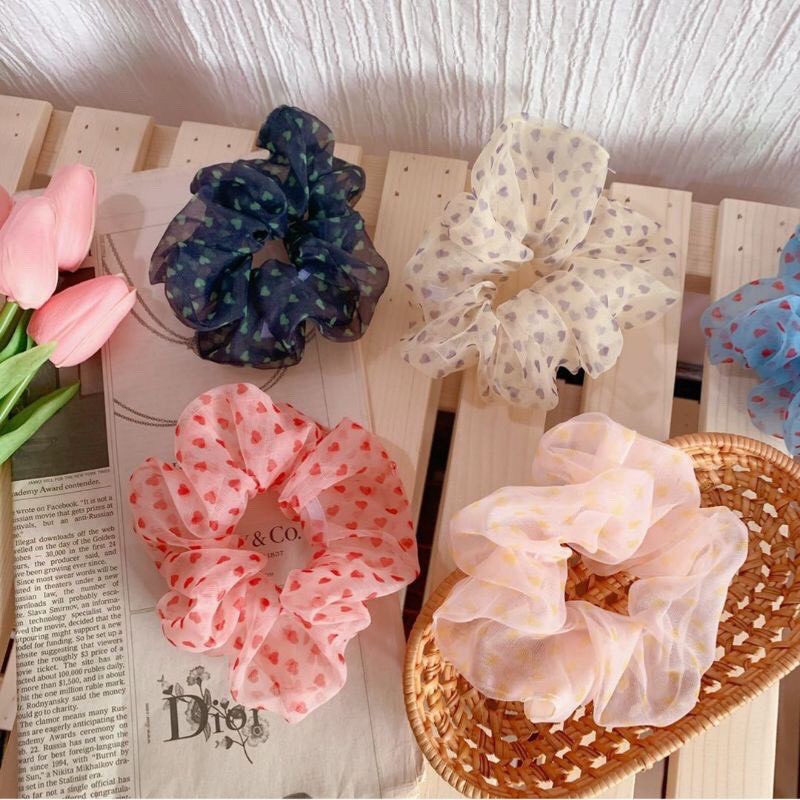 ( Ảnh Thật ) Cột Tóc Vải Scrunchies Chấm Bi Trái Tim Cực Xinh Cực Hot