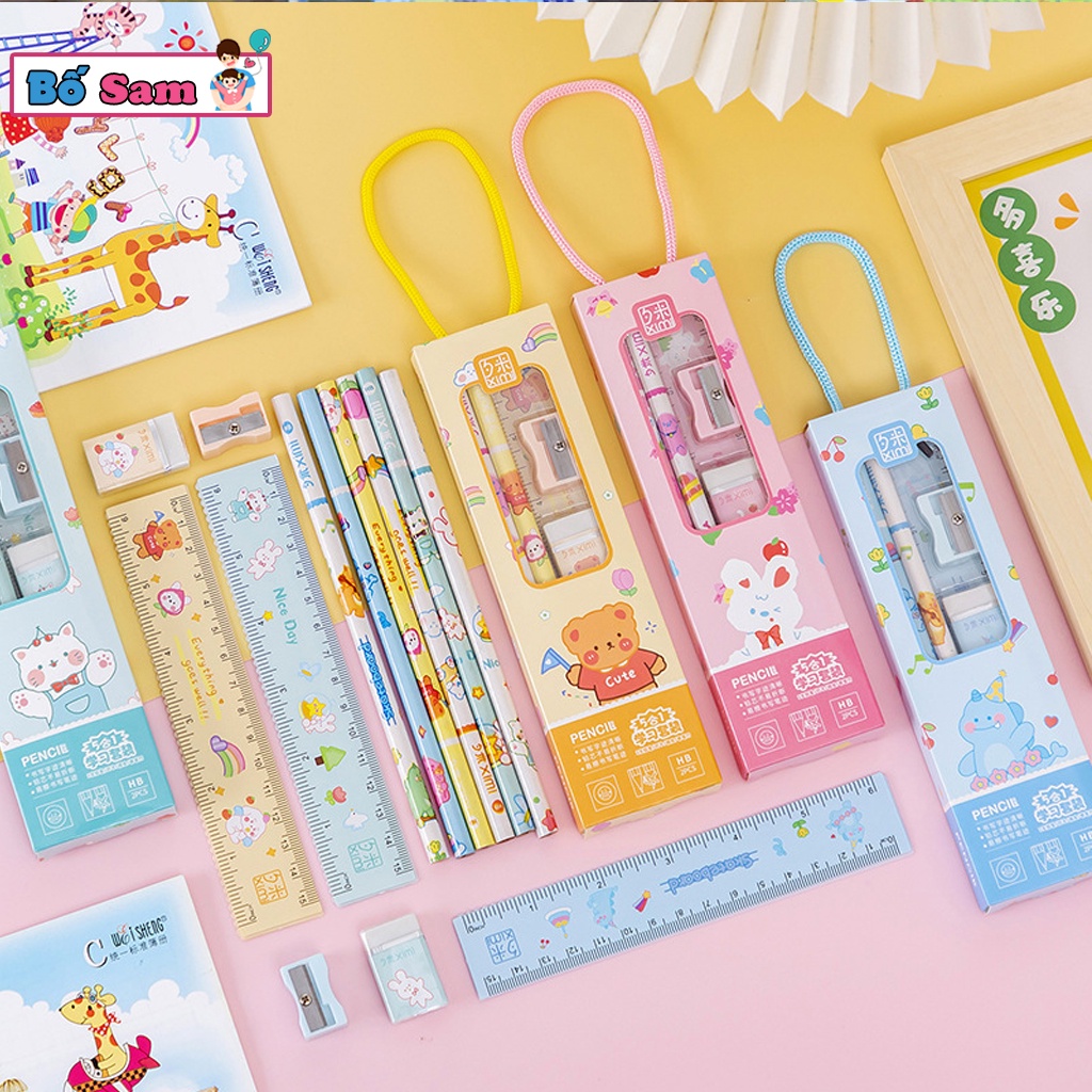 Set 4 chi tiết thước kẻ, bút chì, gọt bút, tẩy có hộp quai đeo đi học cho bé Shop Bố Sam