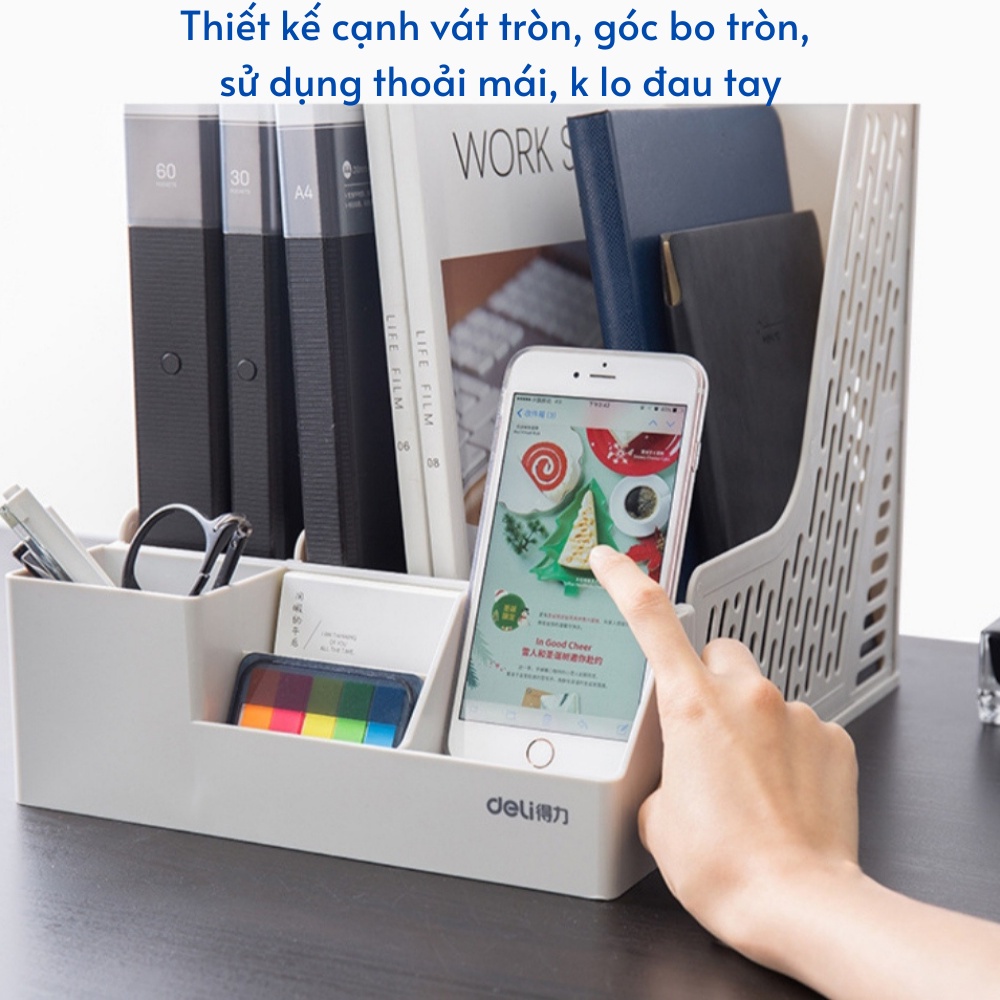 Giá tài liệu 3 ngăn kèm hộp bút Deli - File đựng tài liệu 3 ngăn/ 4 ngăn, màu Ghi xám - 1 chiếc E9845/ E9846