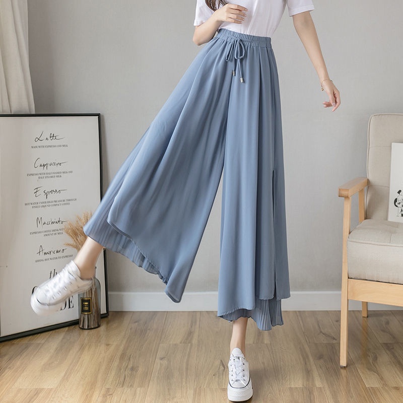 Quần dài RENJIANVSHENG ống rộng xếp ly vải voan thời trang thanh lịch cho nữ