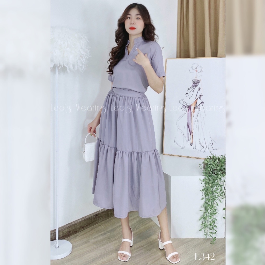 Set váy nữ chân váy xòe tầng dáng dài mix áo tay ngắn cổ trụ LEOSWEARING L342