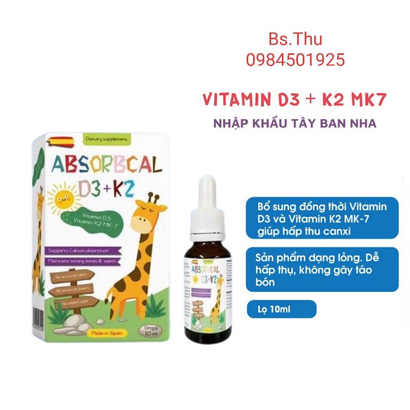 ABSORBCAL D3+K2 10ml bổ sung vitamin D3 K2 Mk7 giúp bé hấp thu Canxi cao khỏe, thông minh nhập khẩu Tây Ban Nha