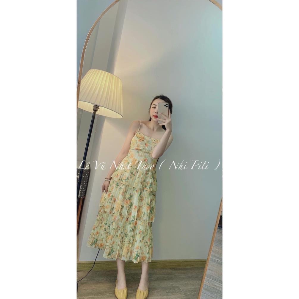 ✔ 𝗙𝗥𝗘𝗘 𝗦𝗛𝗜𝗣  VÁY 2 DÂY HOA NHÍ XÒE TẦNG HOA VÀNG HÀNG L1 Ạ