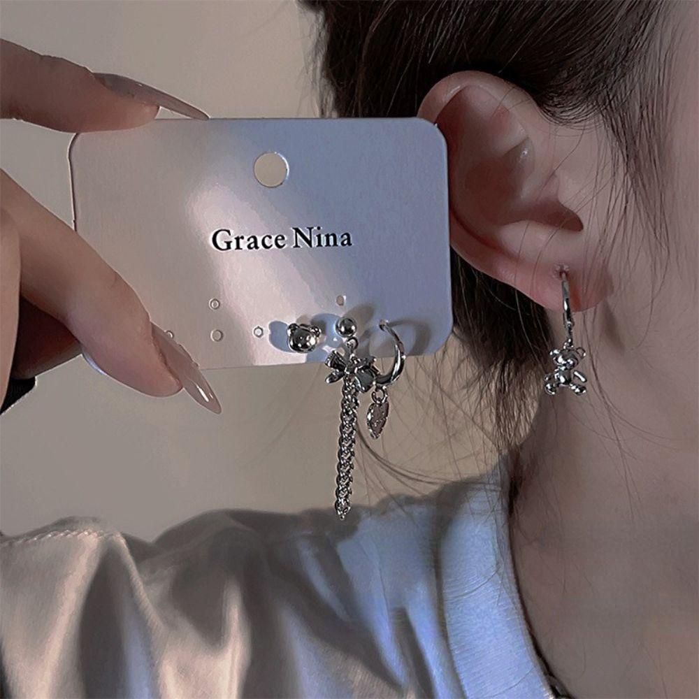 Set 4 Khuyên Tai Đeo Vành Tai Hình Nơ / Gấu Phong Cách Punk