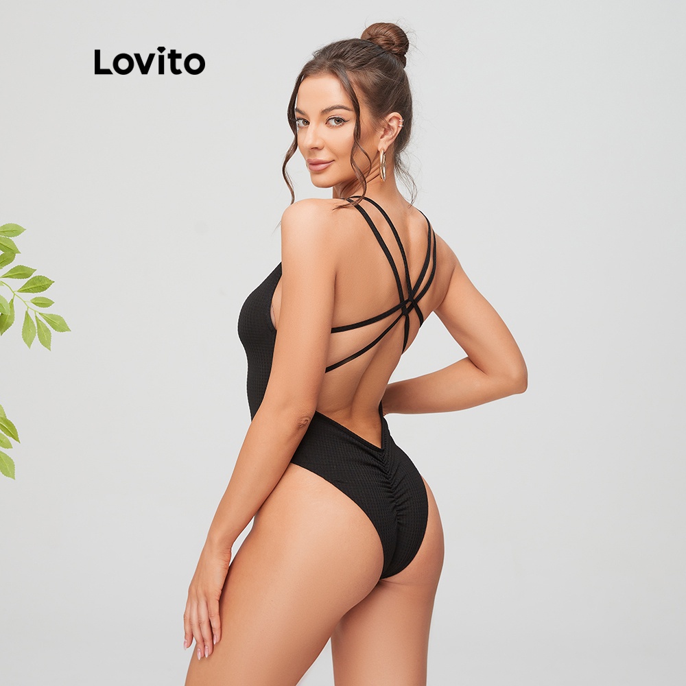 Đồ một mảnh Lovito dây chéo khoét rỗng sexy màu trơn L11113 (Màu đen)