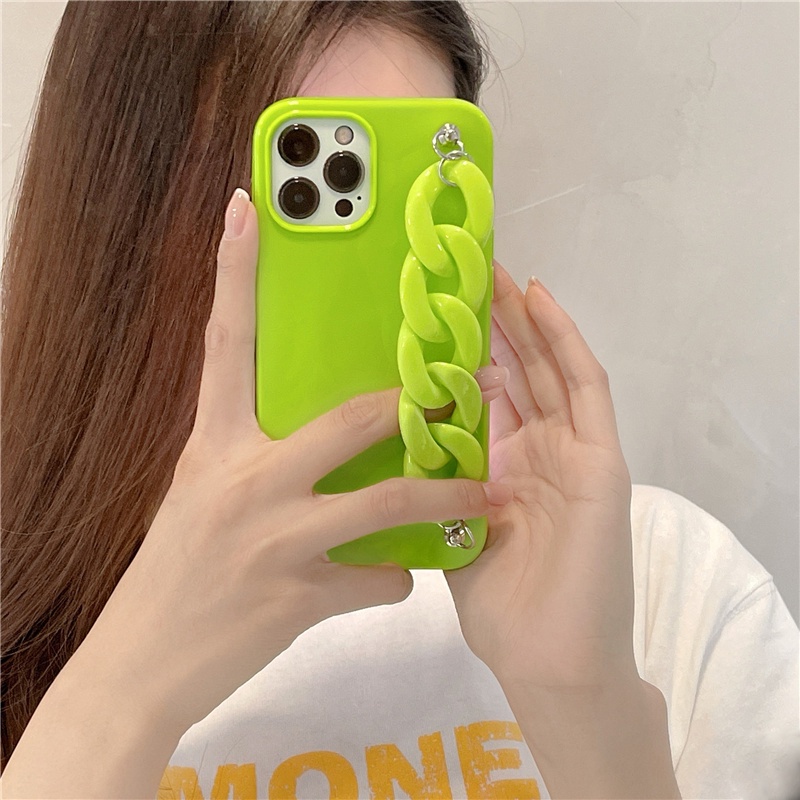Ốp Điện Thoại TPU Mềm Màu Xanh Lá Neon Có Dây Đeo Cổ Tay Đơn Giản Cho iPhone 13 11 12 Pro Max XR X XS Max 7 8 Plus
