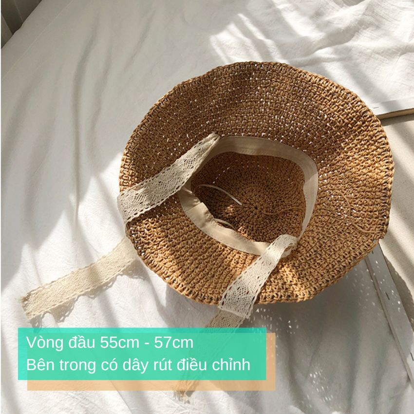 Mũ cói mềm dây ren buộc cổ phong cách tiểu thư