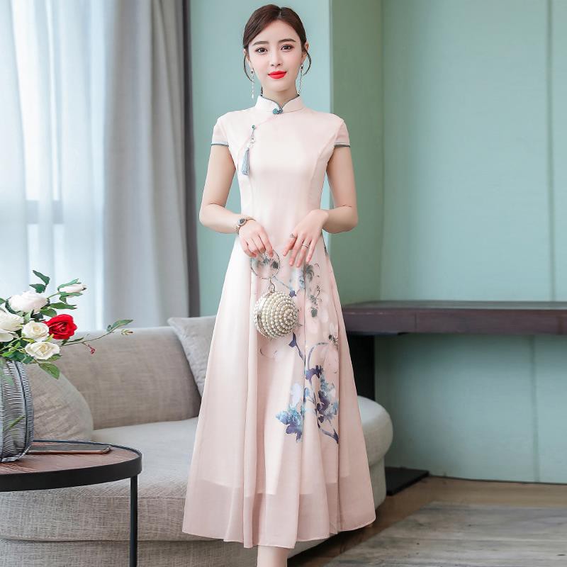 ◊㍿☌Năm 2020 mùa hè mới nữ cải tiến váy in voan tay ngắn thời trang sườn xám phong cách Trung Quốc retro Tang phù