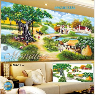 tranh đính đá phong cảnh làng quê cây đa giếng nước sân đình kt 200x95cm