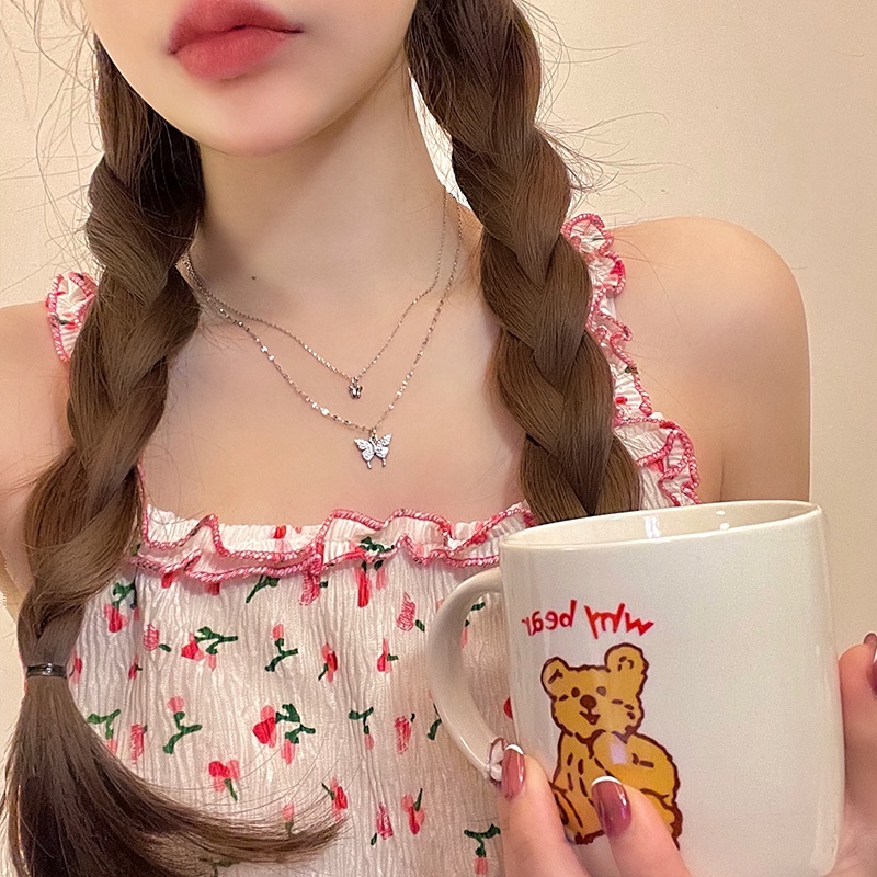 Dây Chuyền Hai Lớp Mặt Hình Bướm Đính Đá Phong Cách Hàn Quốc Đơn Giản Dành Cho Nữ