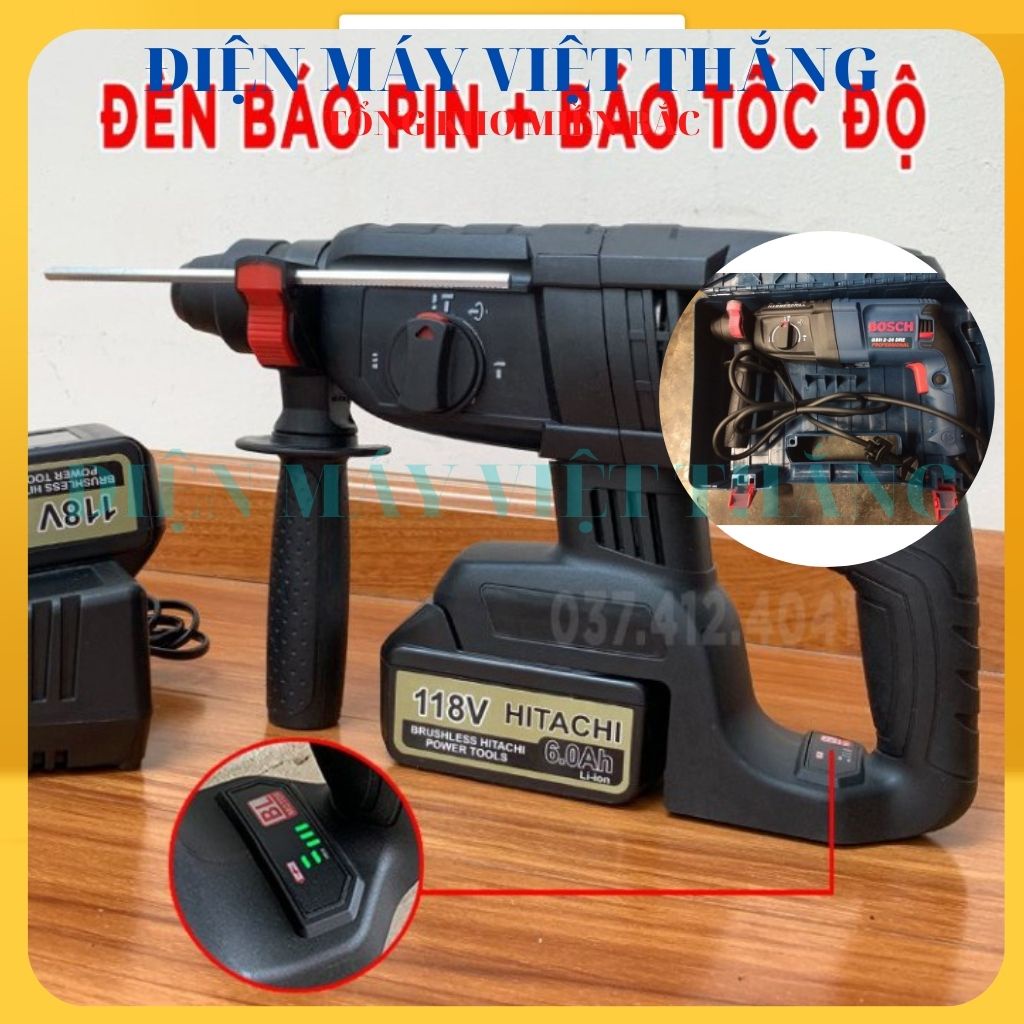 Máy khoan pin HITACHI 118V cầm tay đục tường bê tông chính hãng Không Chổi Than Đa Chức Năng - 2 PIN