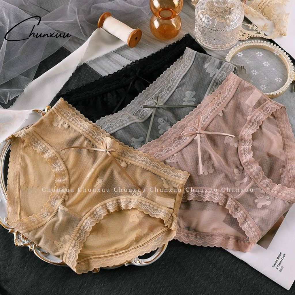 Quần lót ren nữ cao cấp Chunxuu họa tiết gấu chìm phối nơ điệu đà, chất ren mềm mại thông thoáng - QC105