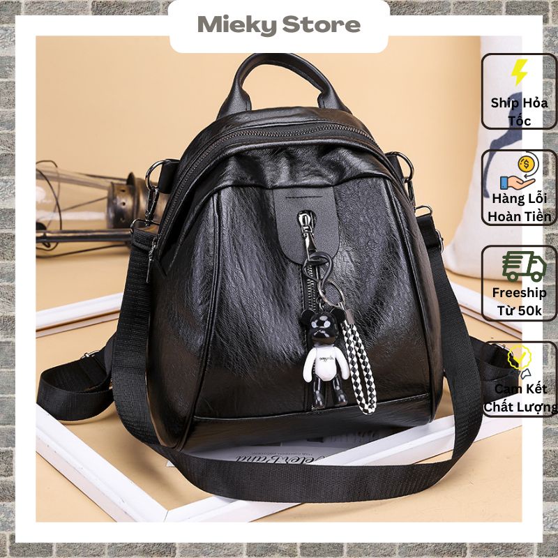 Balo nữ mini da đen thời trang Hàn Quốc đa ngăn kèm khóa gấu Bearick