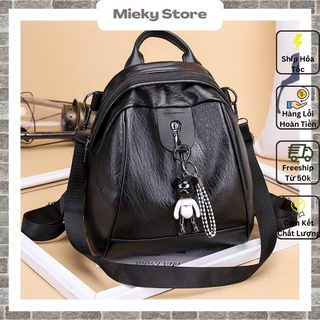 Balo nữ mini da đen thời trang Hàn Quốc đa ngăn kèm khóa gấu Bearick