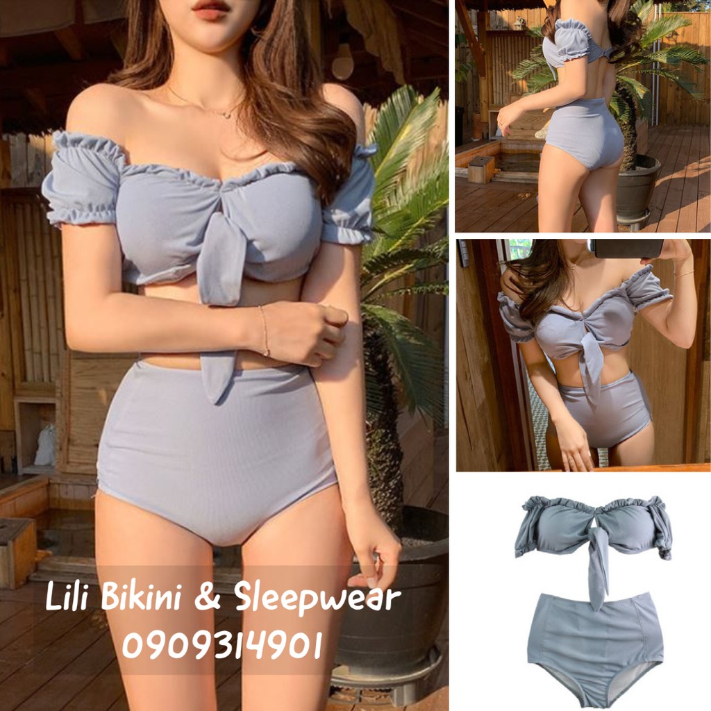 Bikini xanh pastel màu đẹp Hàn Quốc 2 mảnh, đồ bơi cột nơ ngực dễ thương tôn dáng che khuyết điểm