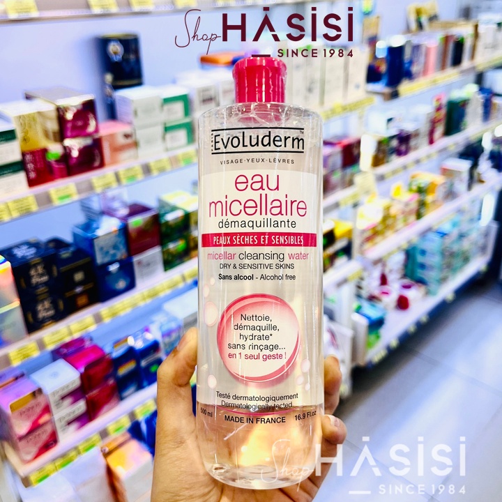 Nước Tẩy Trang EVOLUDERM - Eau Micellar Cleasing Water Dry &amp; Sensitive Skins 500ml( Hồng)