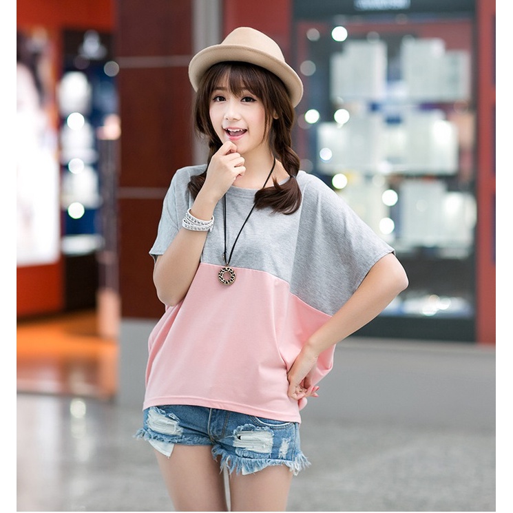 Áo thun nữ phối màu tay lỡ xinh xắn A17