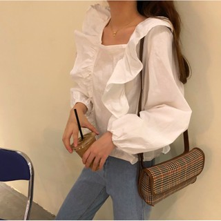 Áo Sơ Mi Bèo Cổ Vuông Dài Tay Phong Cách Hàn Quốc Thanh Lịch