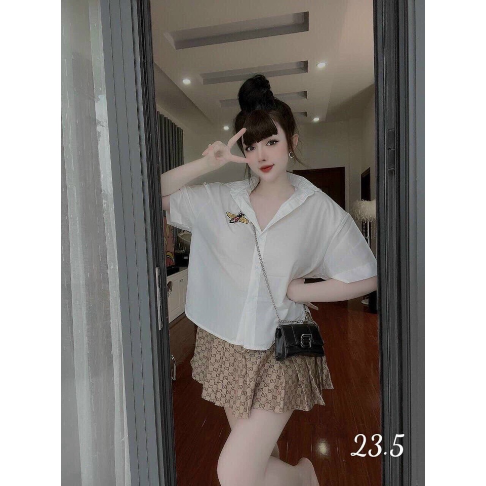 Set áo sơ mi chân váy xòe kẻ ngắn thêu chú ong nhỏ cá tính, set nữ kẻ phong cách Hàn Quốc