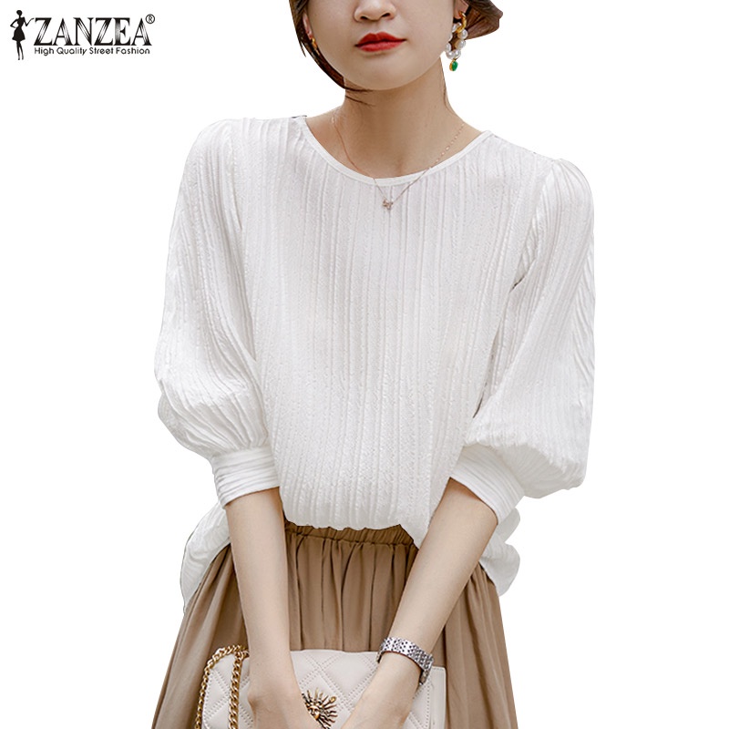 Áo kiểu Zanzea tay lỡ 3/ 4 cổ tròn màu trơn thời trang dành cho nữ