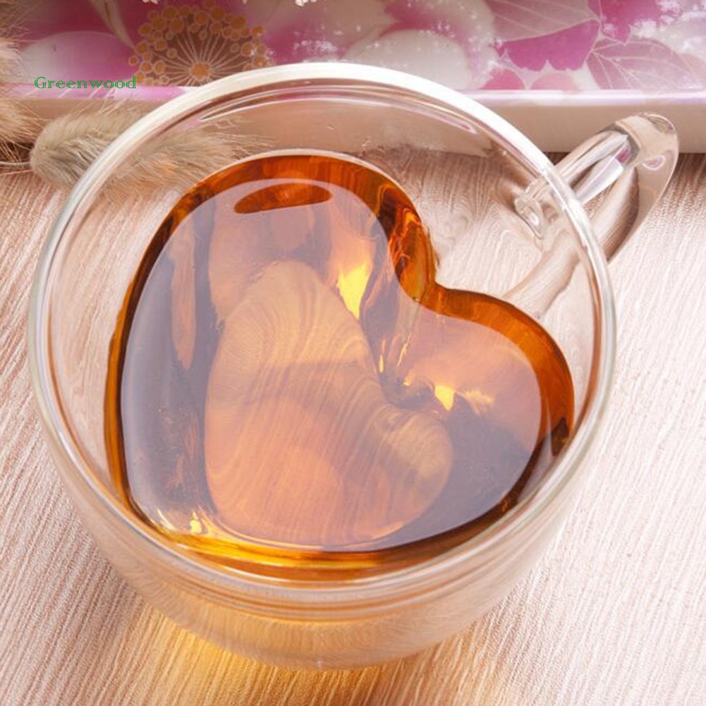 Green 180/240ml Double Wall Love Heart Handle Coffee Tea Heat Cold Resistant Glass Cup