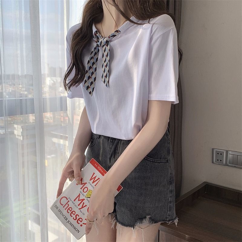 Áo Thun Tay Ngắn Cổ Tròn Thời Trang Mùa Hè Hàn Quốc Cho Nữ
