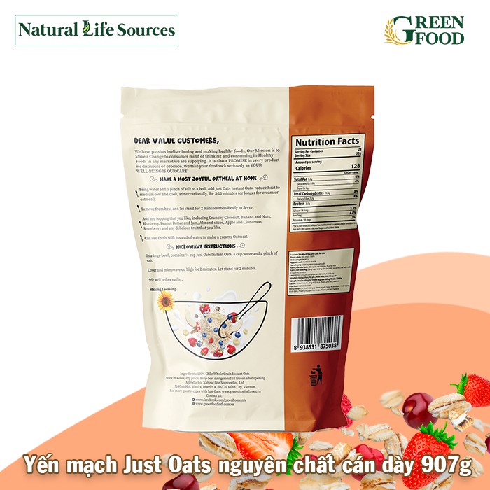 [Mã LT50 giảm 50k đơn 250k] Yến Mạch Chile JUST OATS Green Food nguyên chất ăn liền cán dày 907g