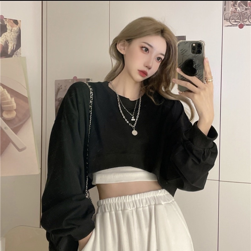 set áo croptop tay dài cổ tròn chất nỉ chân cua kèm áo ba lỗ cá tính | BigBuy360 - bigbuy360.vn