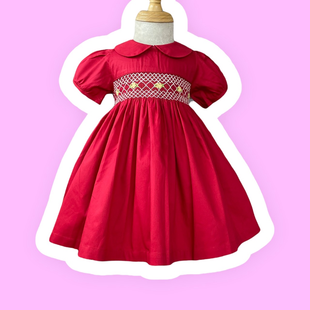Đầm smock đỏ hoa vàng cổ sen