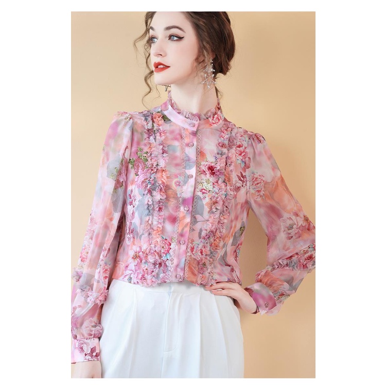 Áo Sơ Mi Tay Dài Họa Tiết Hoa Phong Cách Retro Pháp Sang Trọng