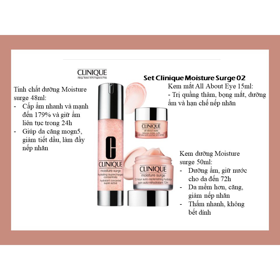 [CÓ HÓA ĐƠN LOTTEDUTYFREE] Set 03 Clinique MOISTURE SURGE 02 (kem dưỡng 50ml, kem mắt 15ml, serum dưỡng 48ml)
