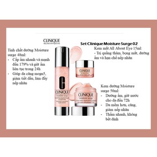 [CÓ HÓA ĐƠN LOTTEDUTYFREE] Set 03 Clinique MOISTURE SURGE 02 (kem dưỡng 50ml, kem mắt 15ml, serum dưỡng 48ml)