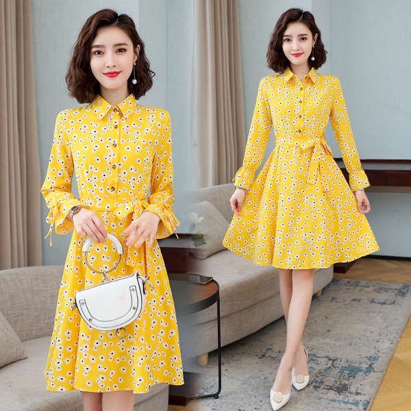 Váy liền váy nữ mùa xuân và mùa thu mẫu mới 2021 váy voan dài tay dáng body size lớn thời trang mùa hè