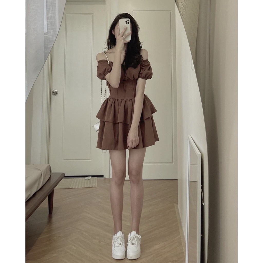 Jumsuit trễ vai tay phồng chít eo hai màu vintage LOVI