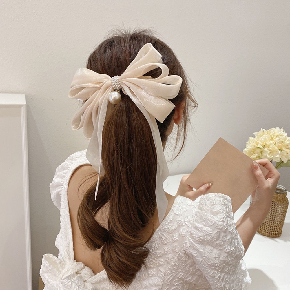 Dây Buộc Tóc Ruy Băng Đính Ngọc Trai Giả Phong Cách Hàn Quốc Cho Nữ