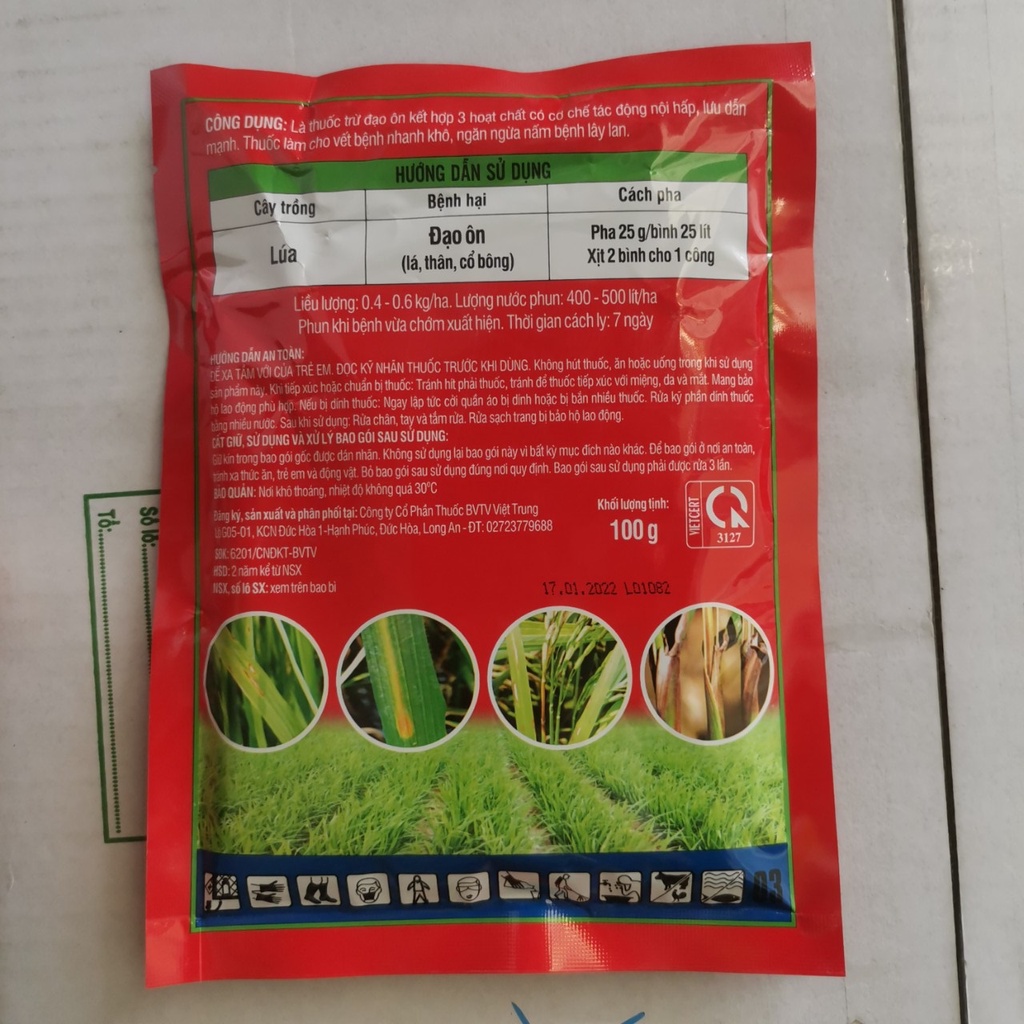 Đạo ôn thái 100gr - trừ nấm bệnh đạo ôn lá , thân , cổ bông trên lúa với 3 hoạt chất mạnh Tricyclazole, Propine