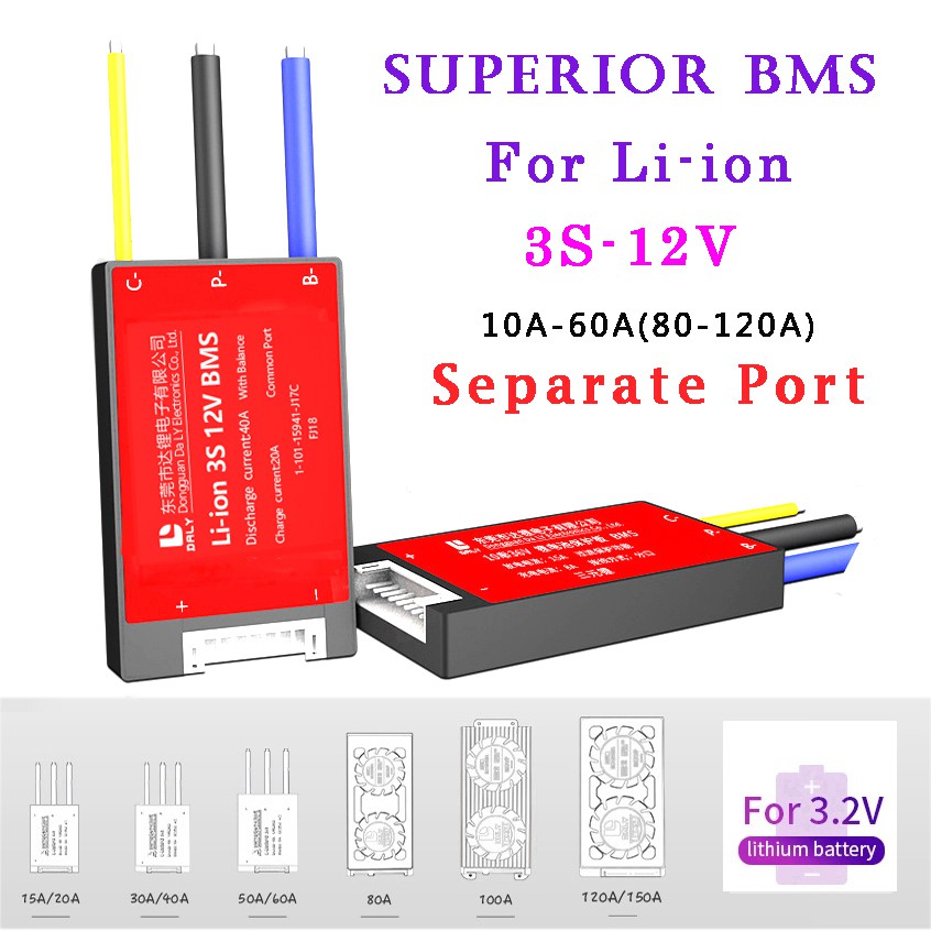 Cổng riêng biệt Li-ion BMS 3S 12V 10A 15A 20A 30A 40A 50A 60A BMS 11.1V 12.6V 18650 Gói pin lithium BMS với Phiên bản cân bằng cho xe đạp điện